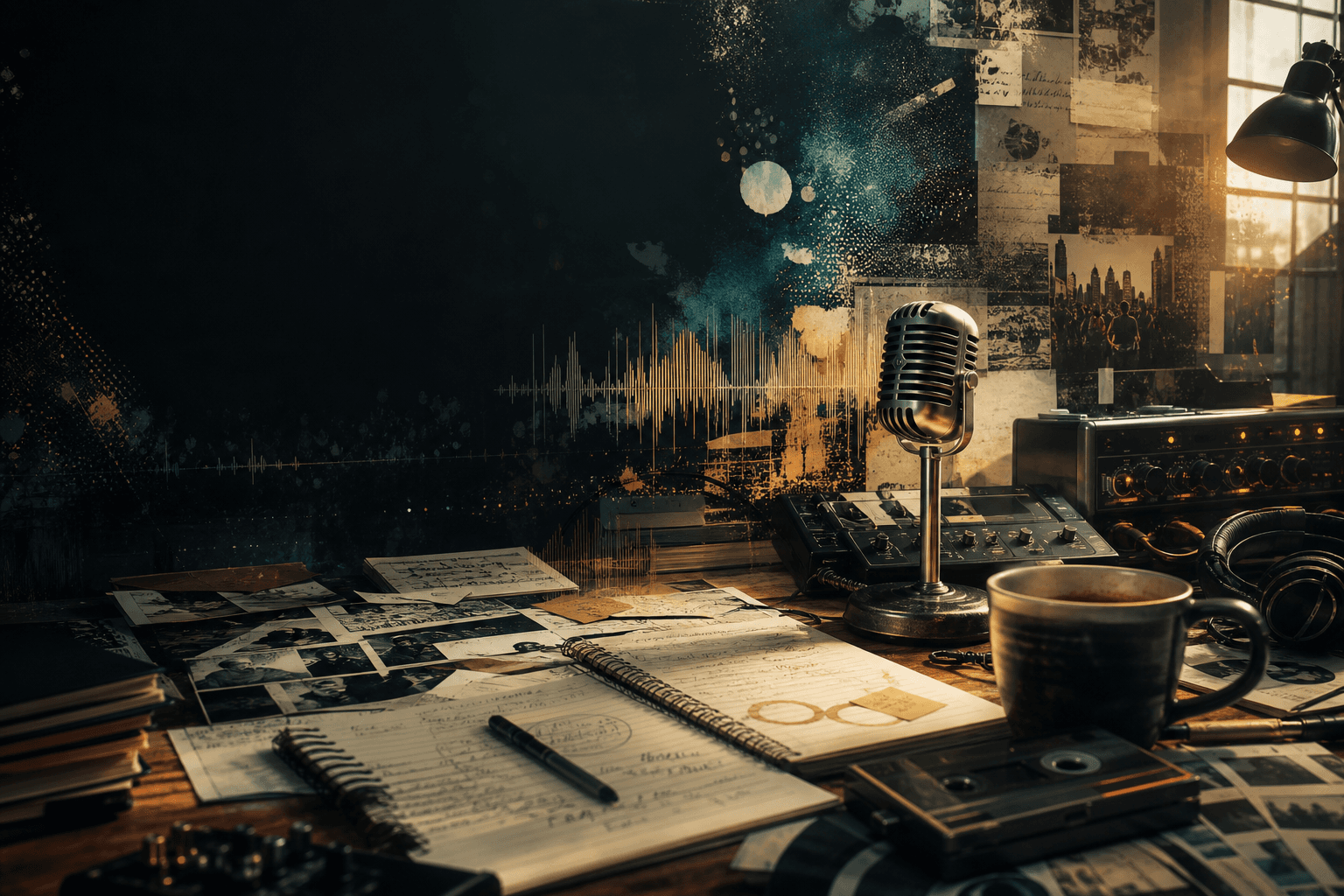 Cinematic music studio desk with microphone, waveform, lyric notebooks, coffee, and documentary textures